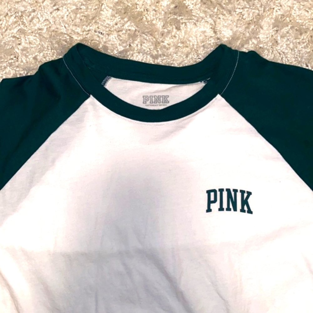 Victoria's Secret PINK Green & White Baseball Style Shirt.
